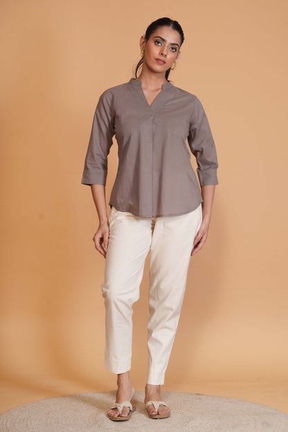 Slate Grey Cambric Cotton Mandarin Collar Tunic