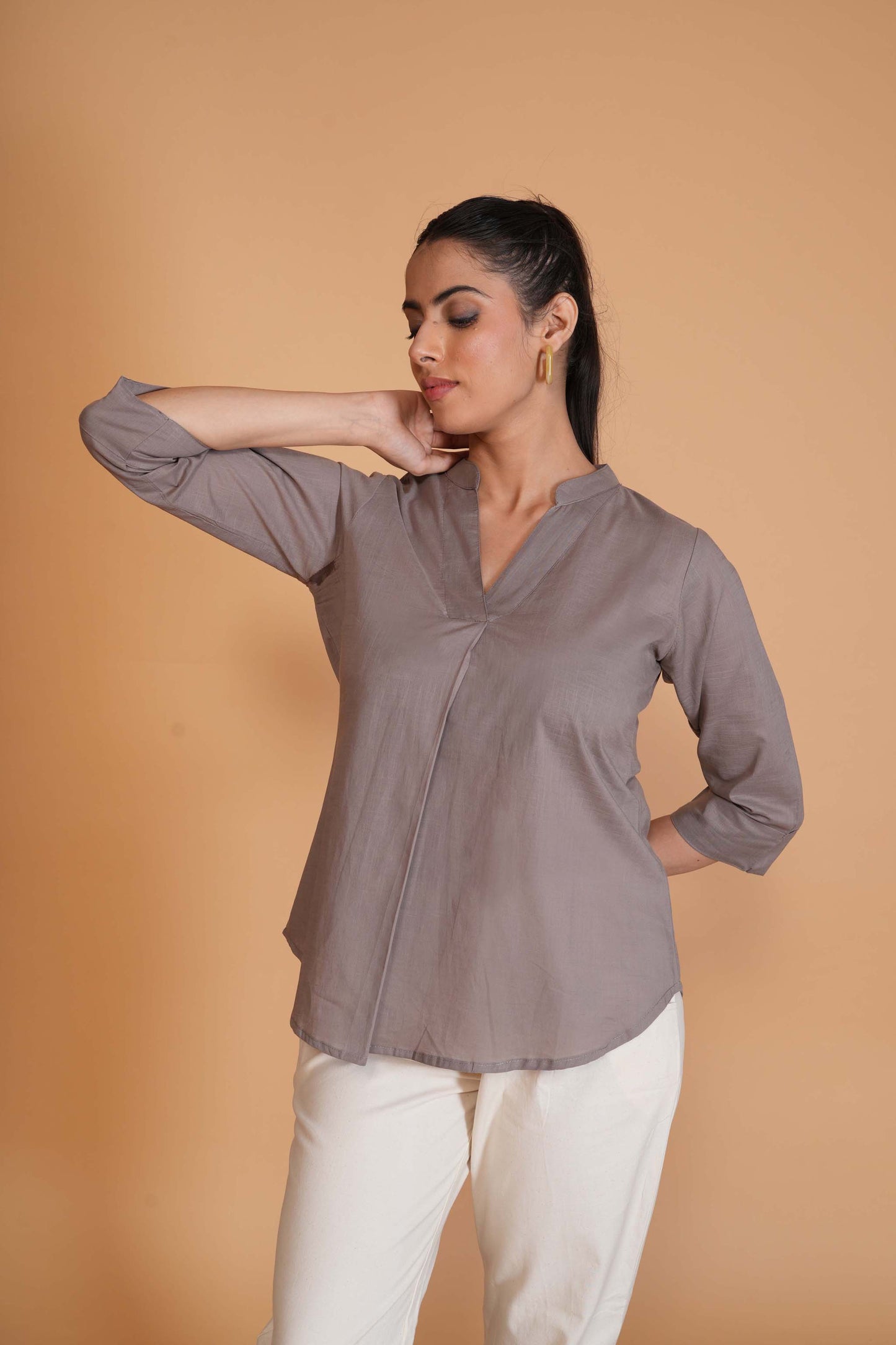 Slate Grey Cambric Cotton Mandarin Collar Tunic