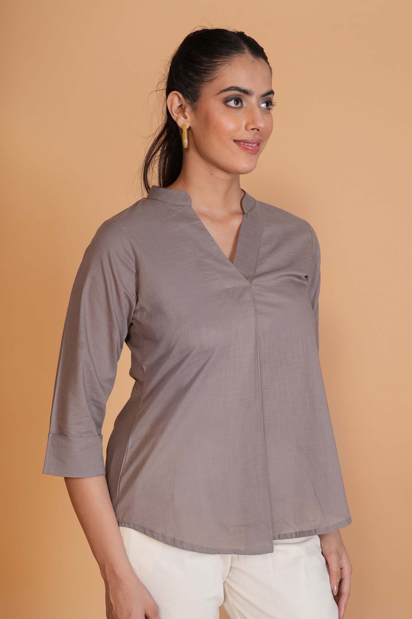 Slate Grey Cambric Cotton Mandarin Collar Tunic