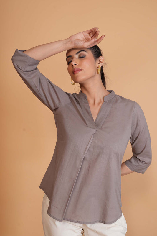 Slate Grey Cambric Cotton Mandarin Collar Tunic