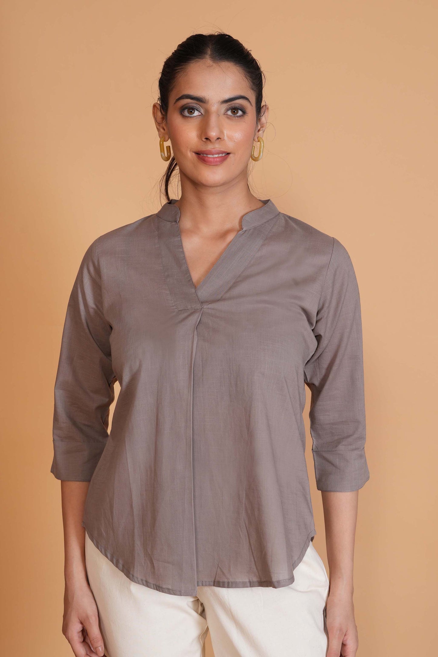 Slate Grey Cambric Cotton Mandarin Collar Tunic