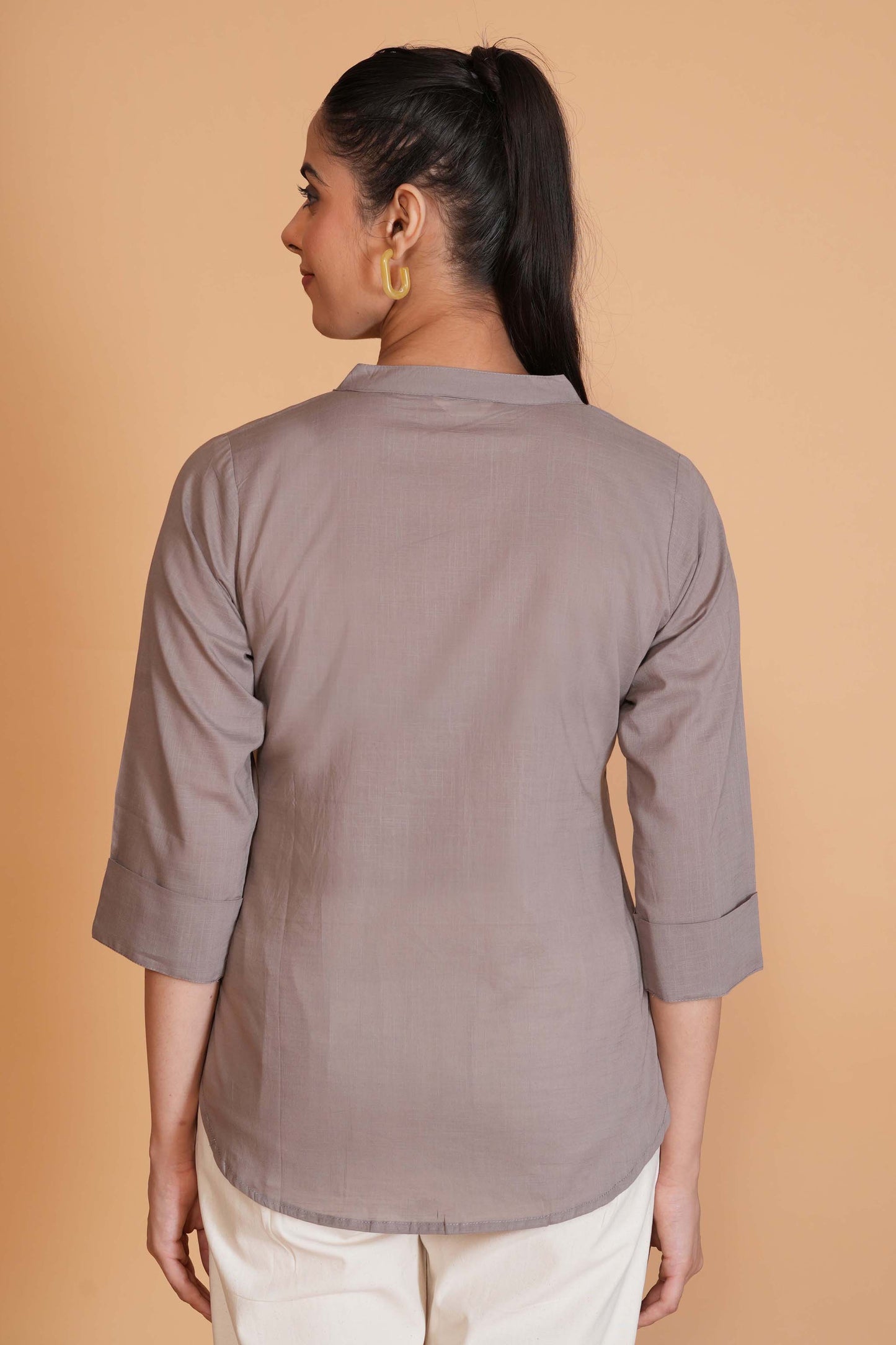 Slate Grey Cambric Cotton Mandarin Collar Tunic