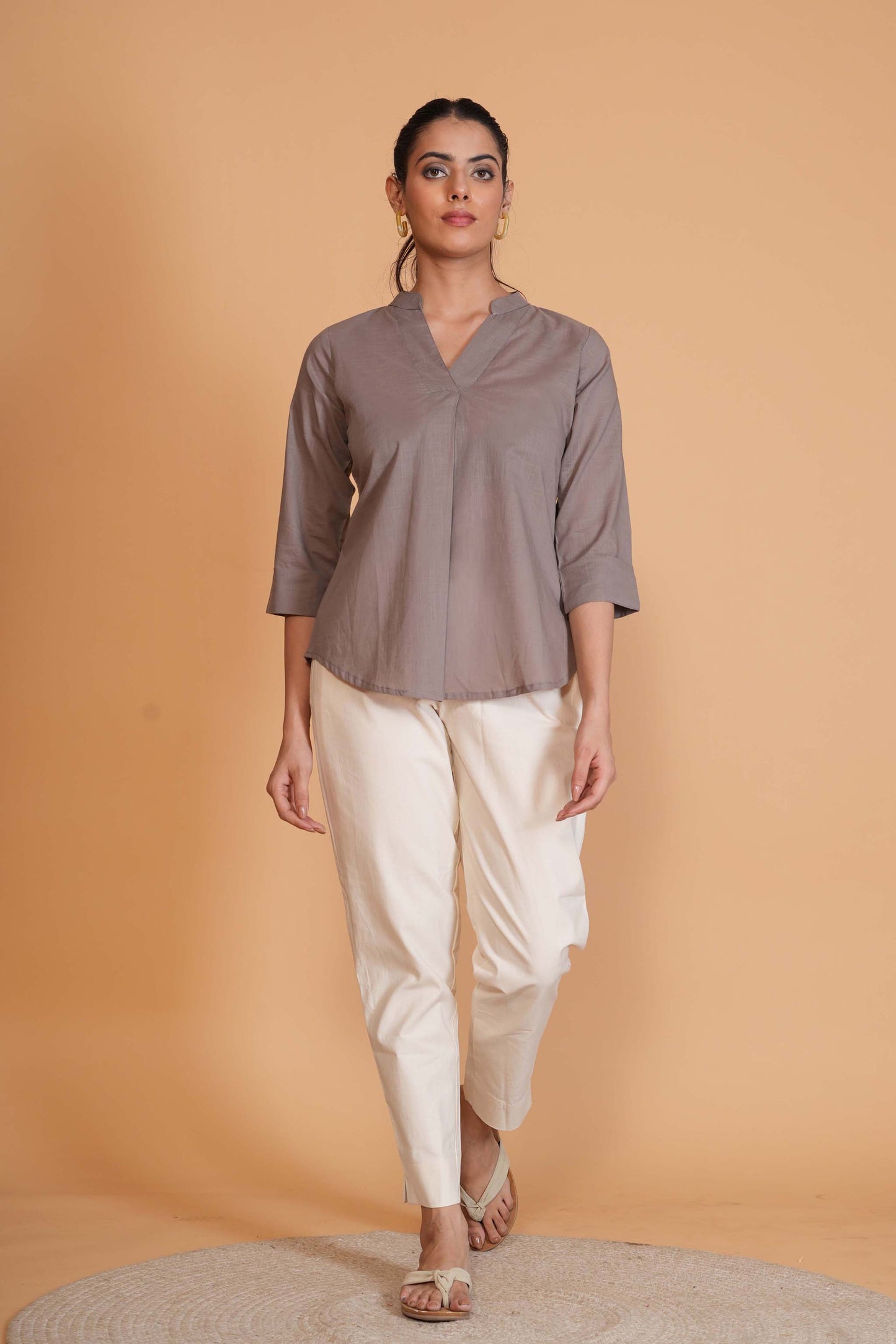 Slate Grey Cambric Cotton Mandarin Collar Tunic