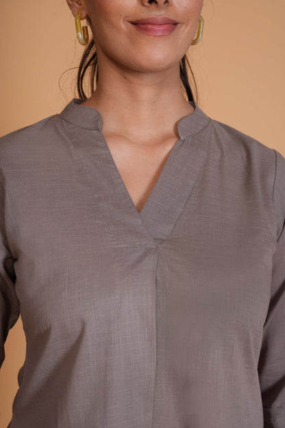 Slate Grey Cambric Cotton Mandarin Collar Tunic