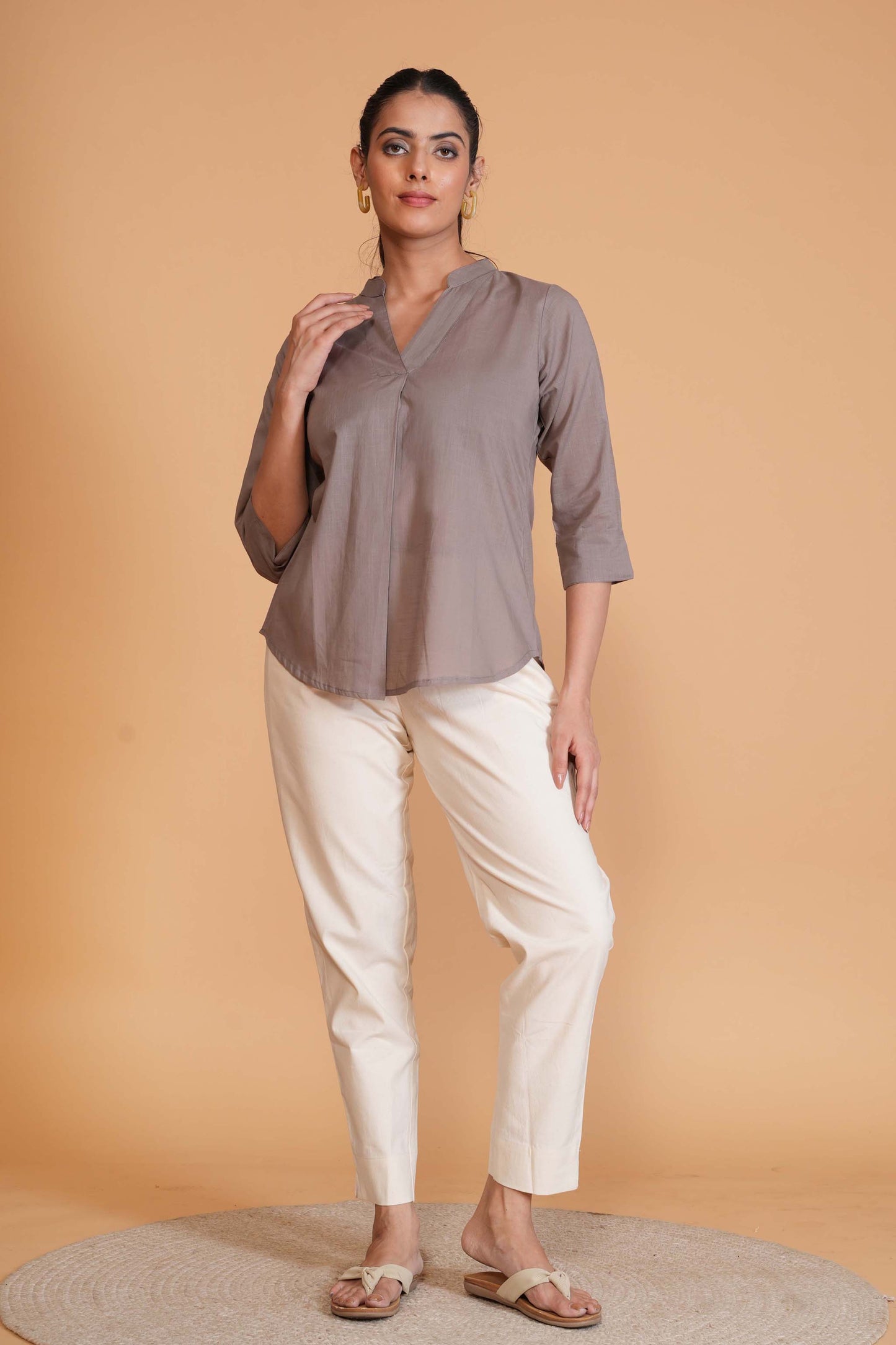 Slate Grey Cambric Cotton Mandarin Collar Tunic