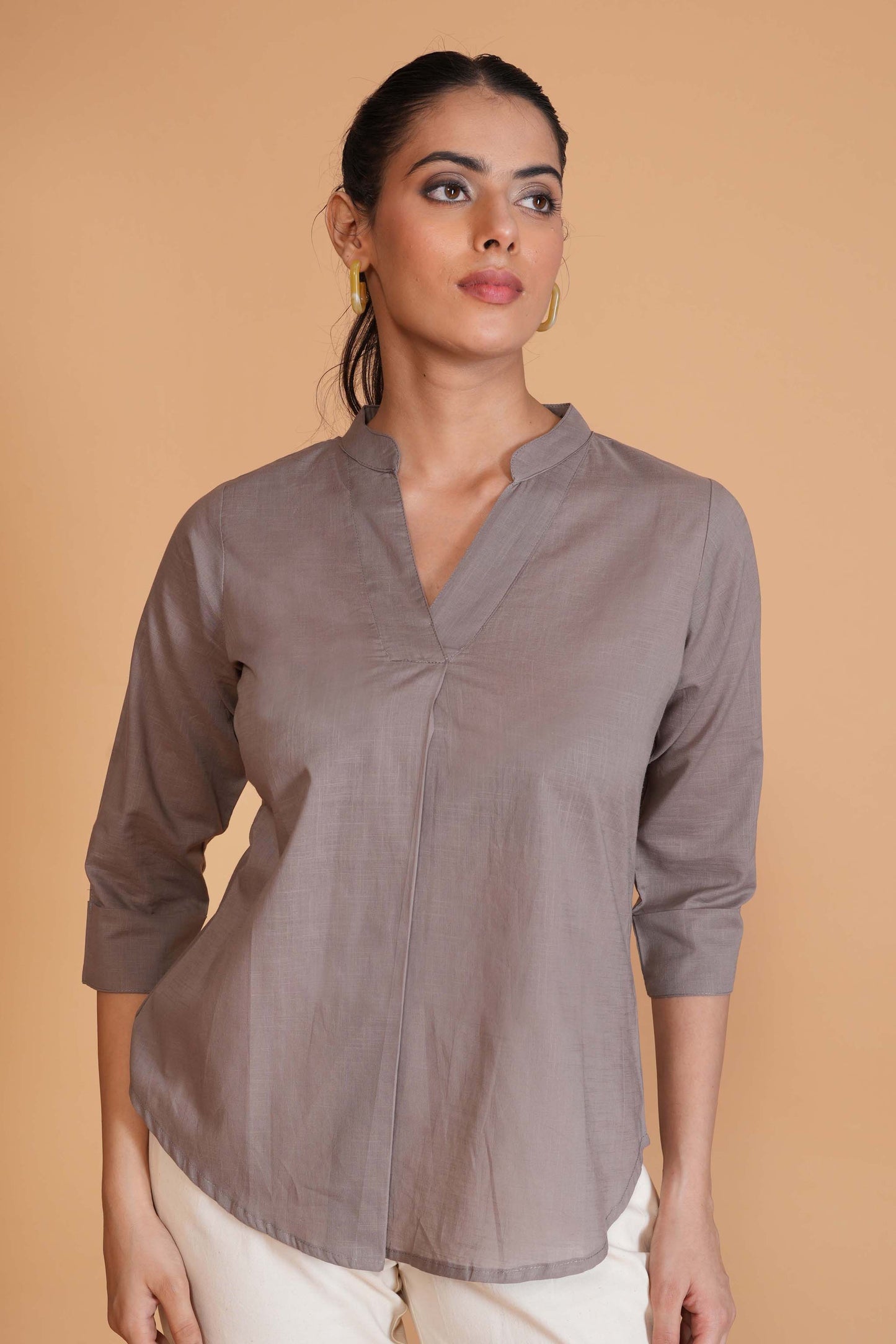 Slate Grey Cambric Cotton Mandarin Collar Tunic
