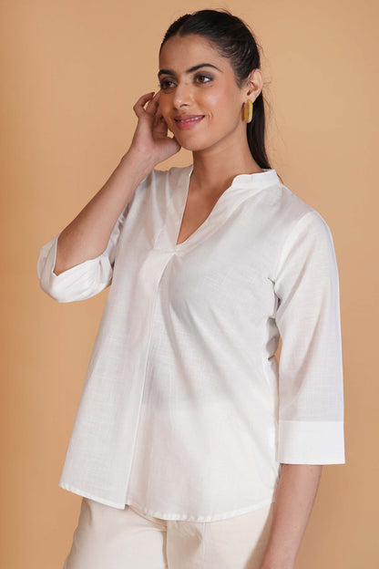 White Cambric Cotton Mandarin Collar Tunic