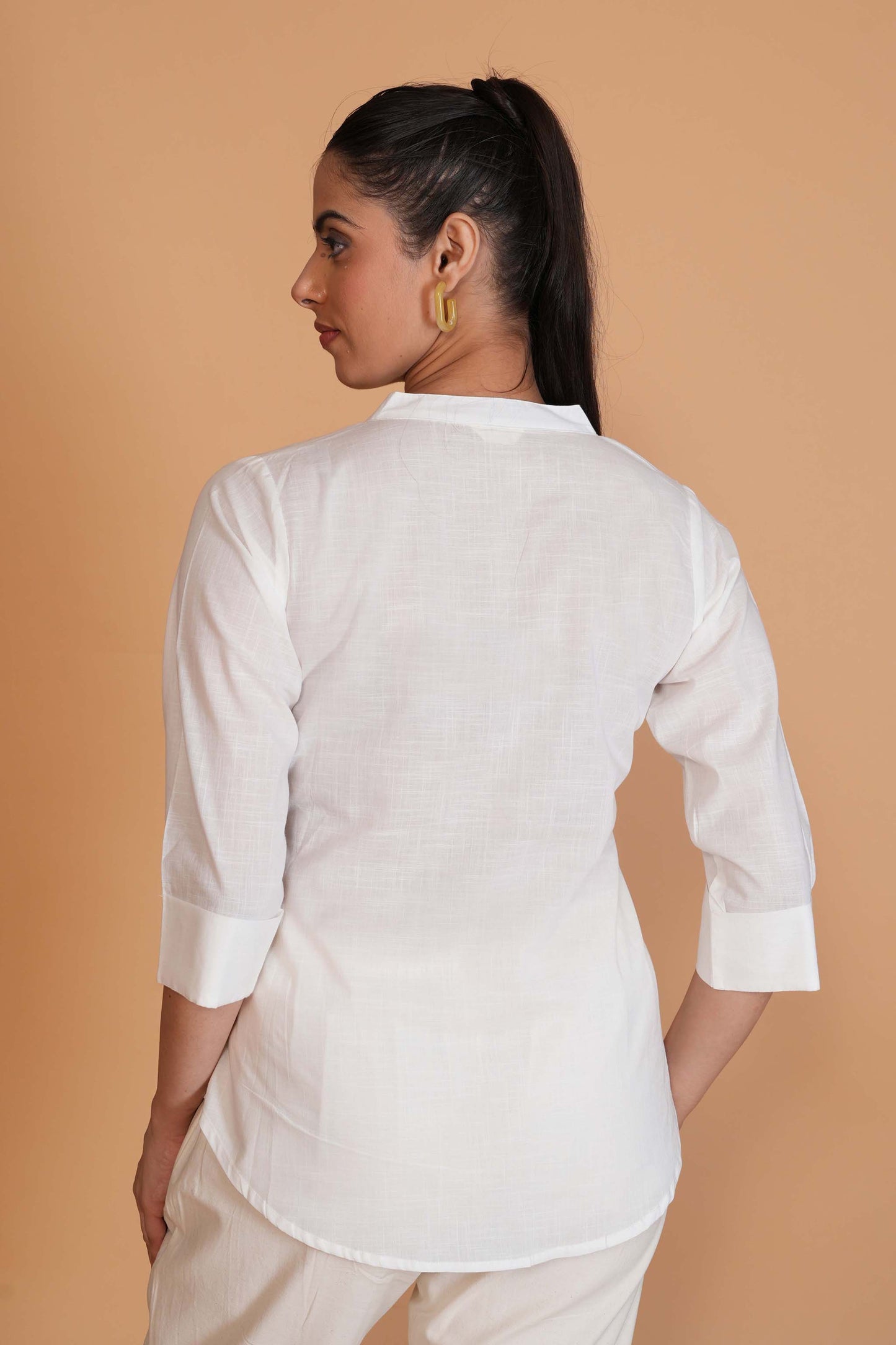 White Cambric Cotton Mandarin Collar Tunic