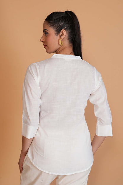 White Cambric Cotton Mandarin Collar Tunic