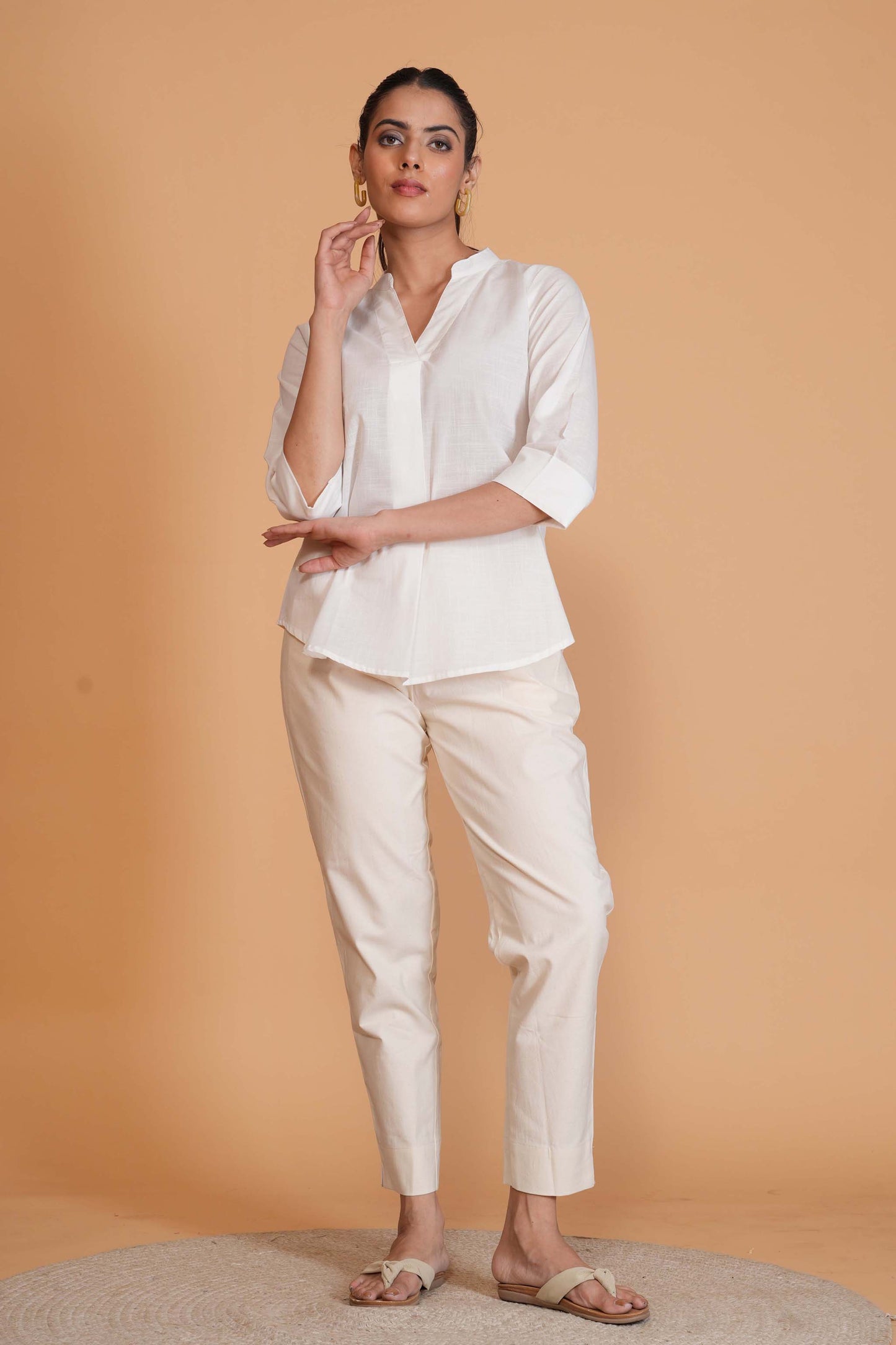 White Cambric Cotton Mandarin Collar Tunic