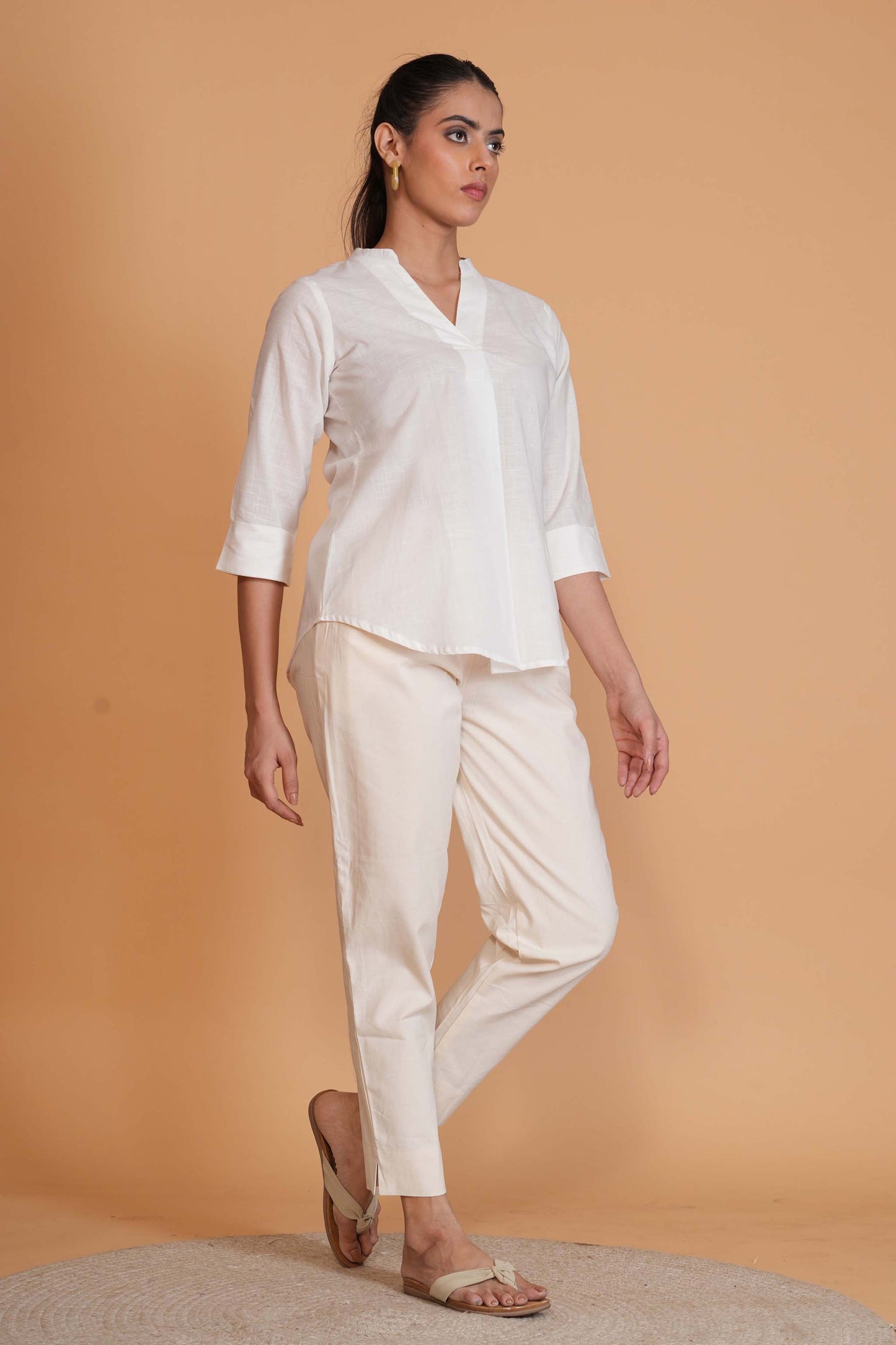 White Cambric Cotton Mandarin Collar Tunic