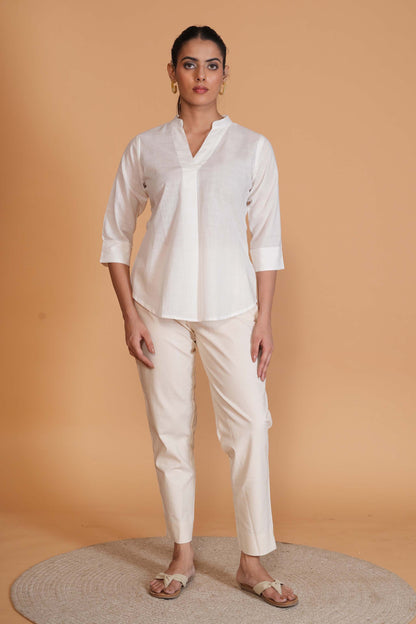 White Cambric Cotton Mandarin Collar Tunic