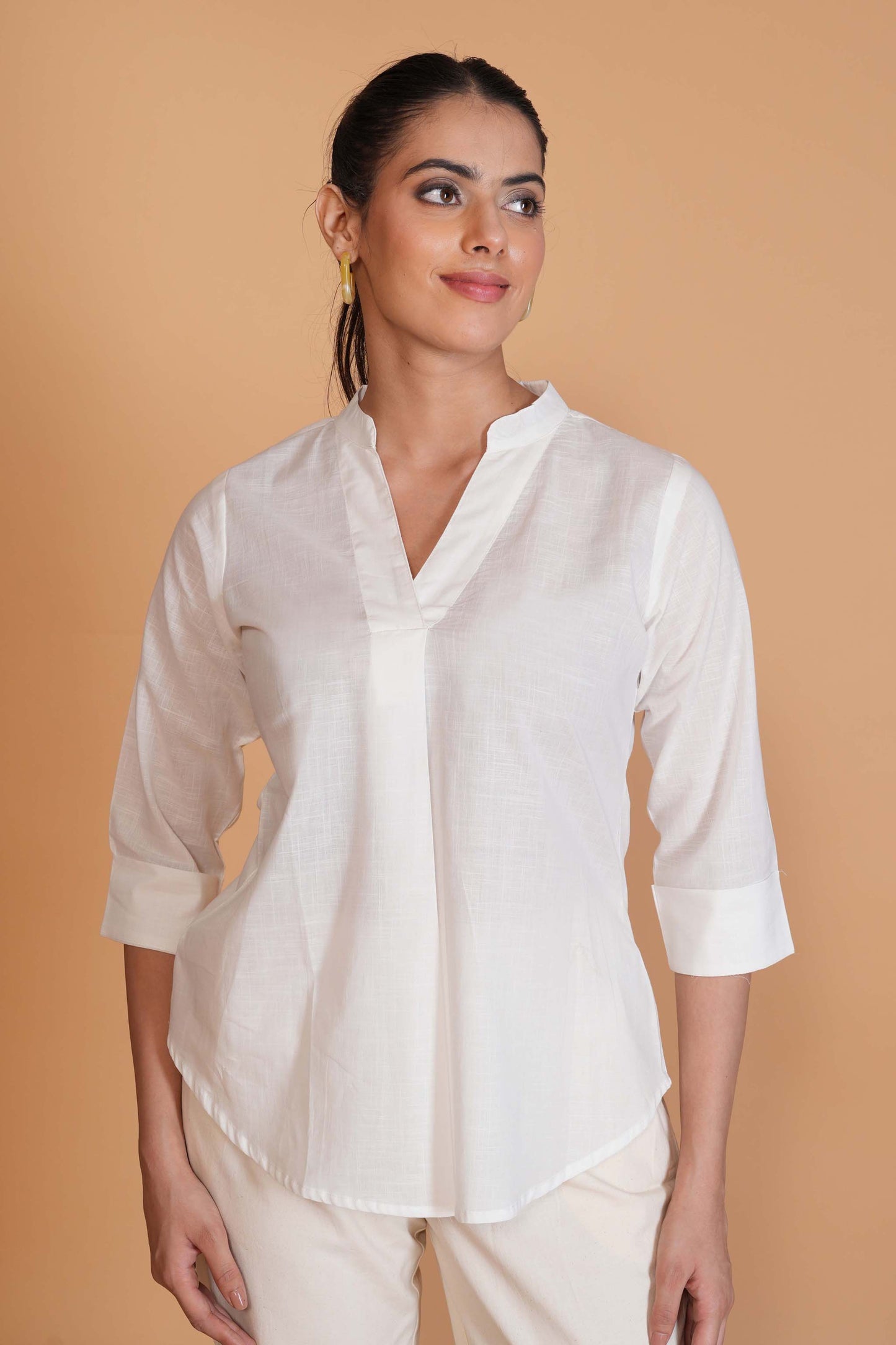 White Cambric Cotton Mandarin Collar Tunic