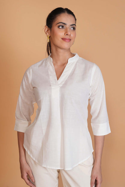 White Cambric Cotton Mandarin Collar Tunic