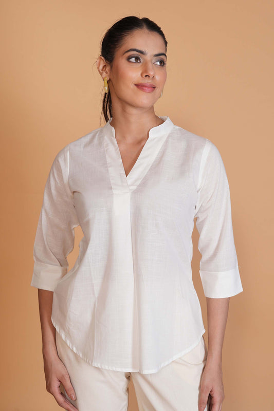White Cambric Cotton Mandarin Collar Tunic