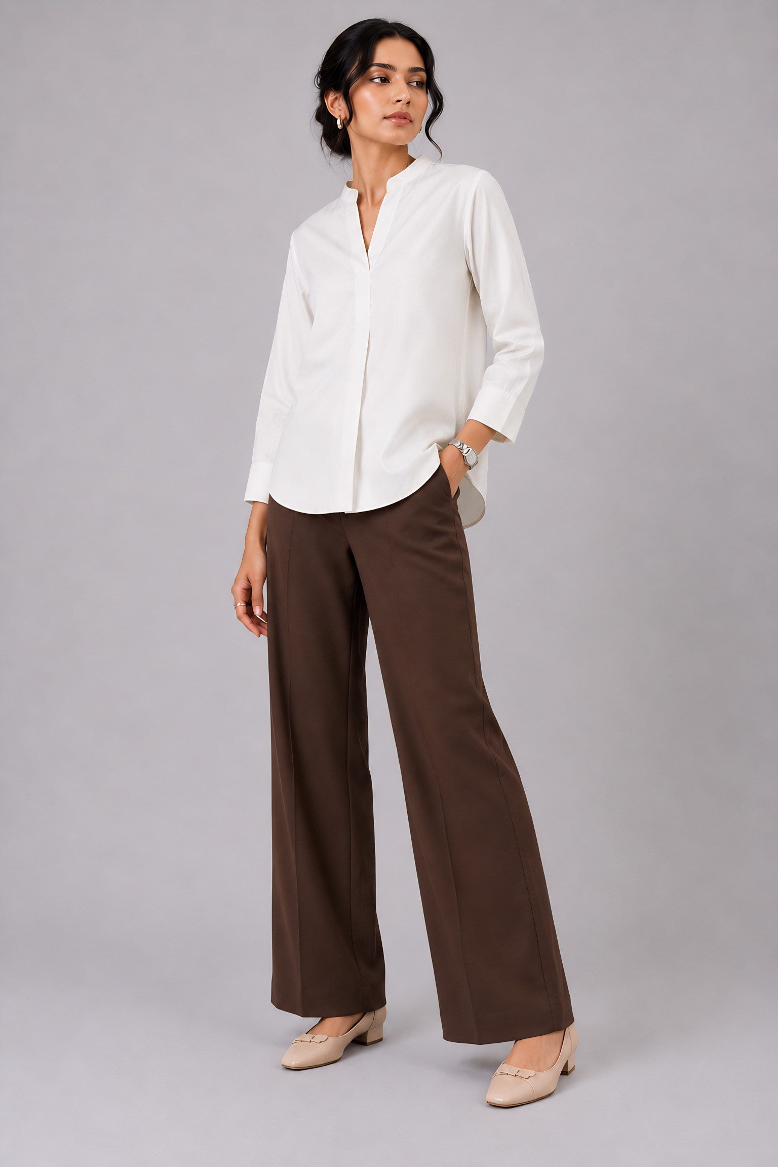 White Mandarin Collared Shirt