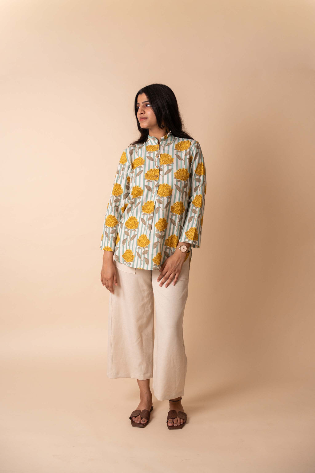 close-up of Yellow Floral Striped Top in cotton with floral print, women's tunic