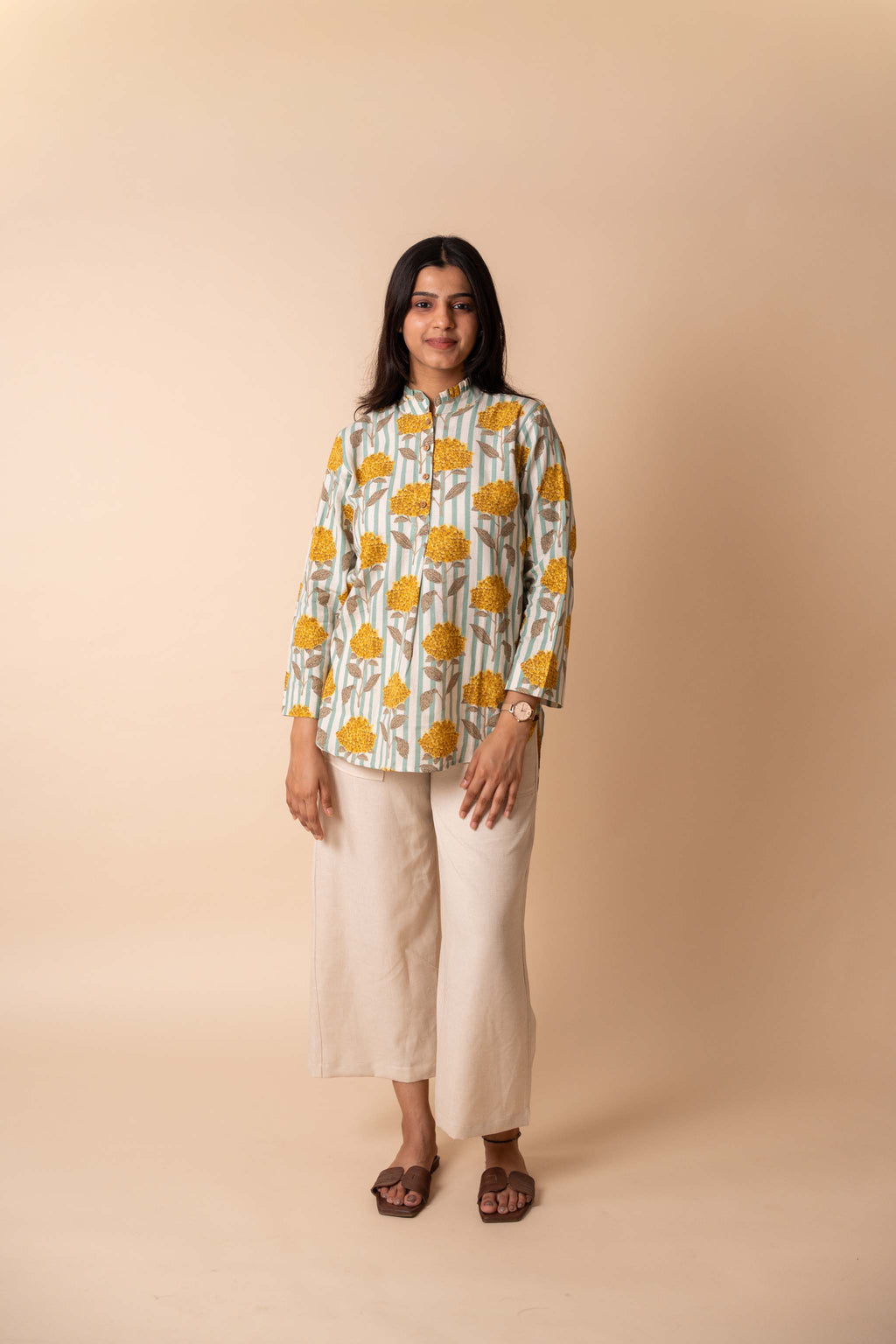 Yellow Floral Striped Top with mandarin collar in a relaxed fit, women's tunic