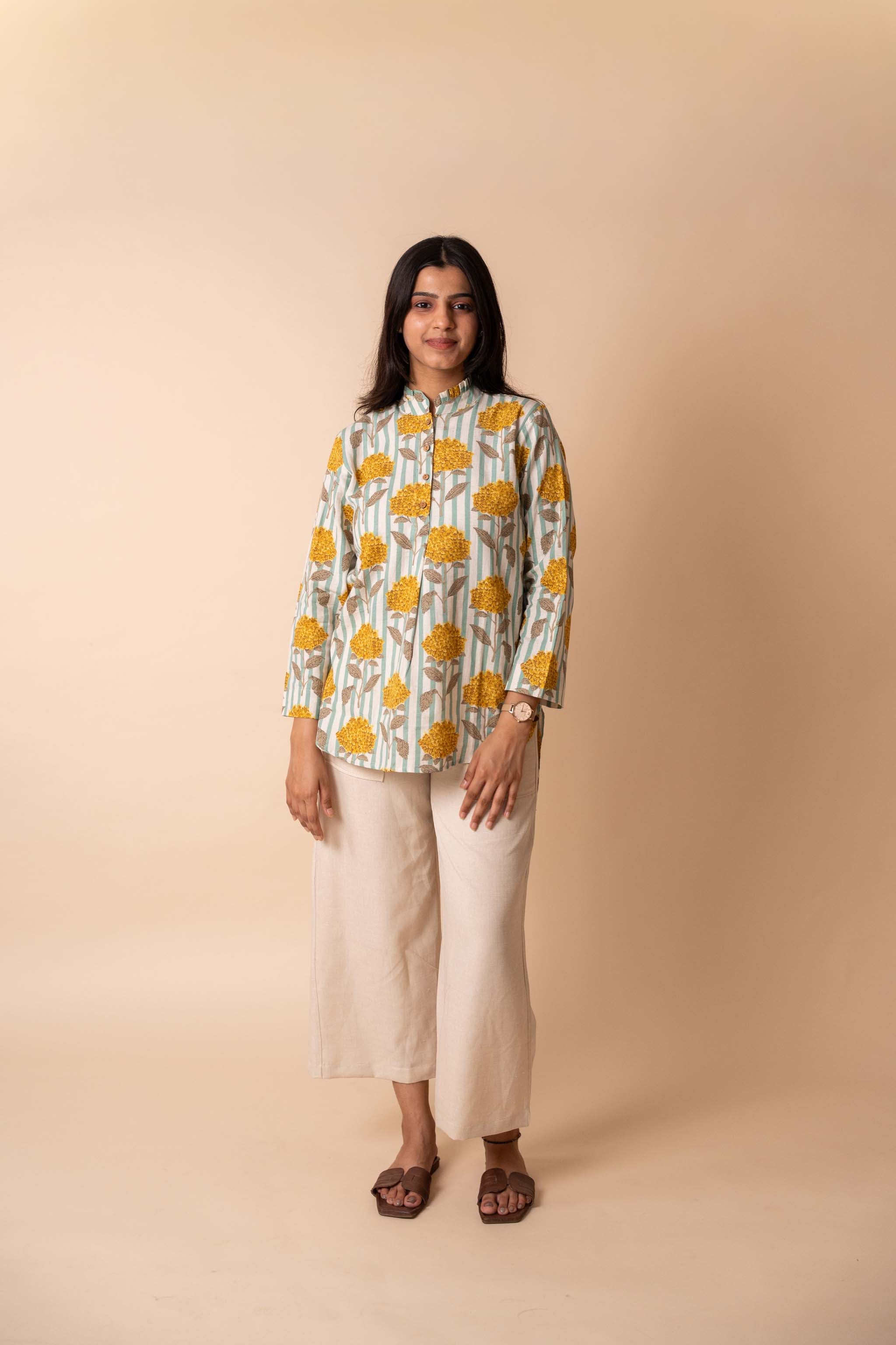 Yellow Floral Striped Top with mandarin collar in a relaxed fit, women's tunic