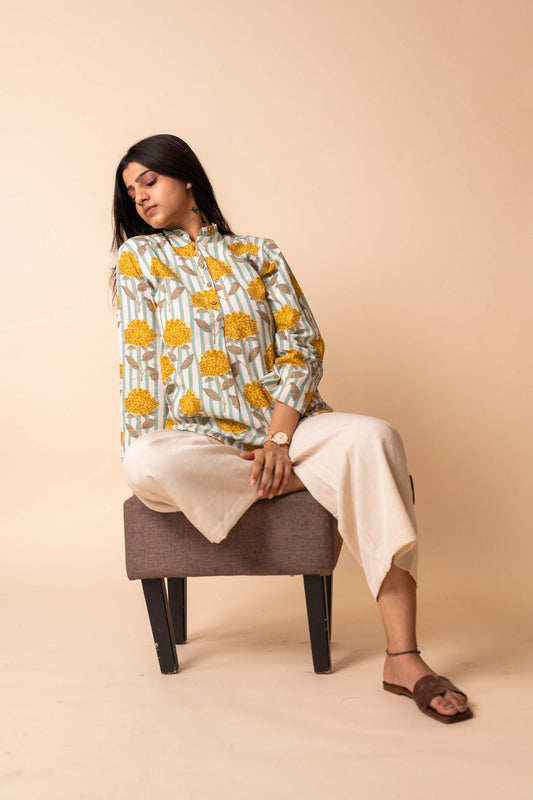 Yellow Floral Printed Striped Cotton Top
