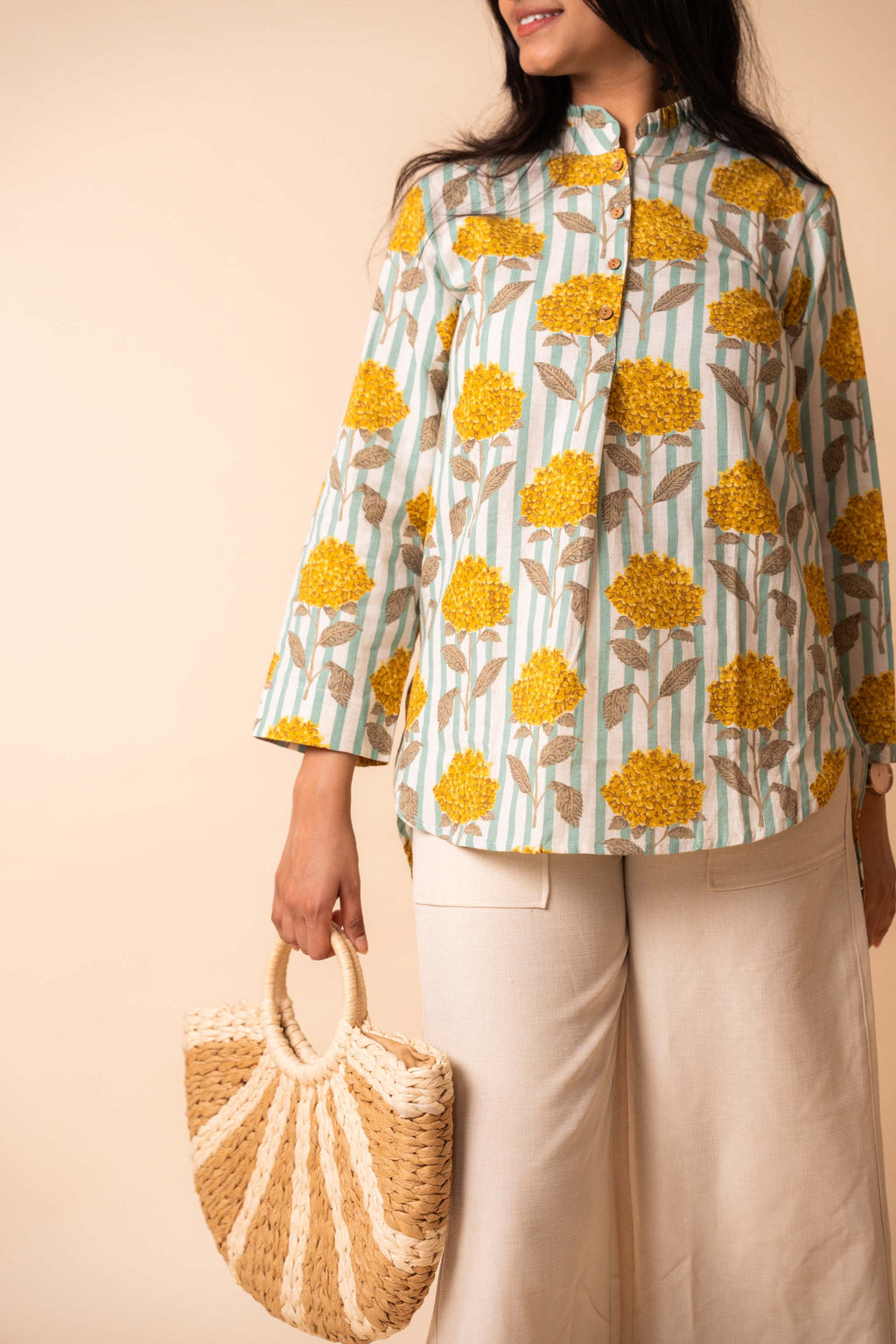 back view of Yellow Floral Striped Top in cotton with floral print, women's tunic