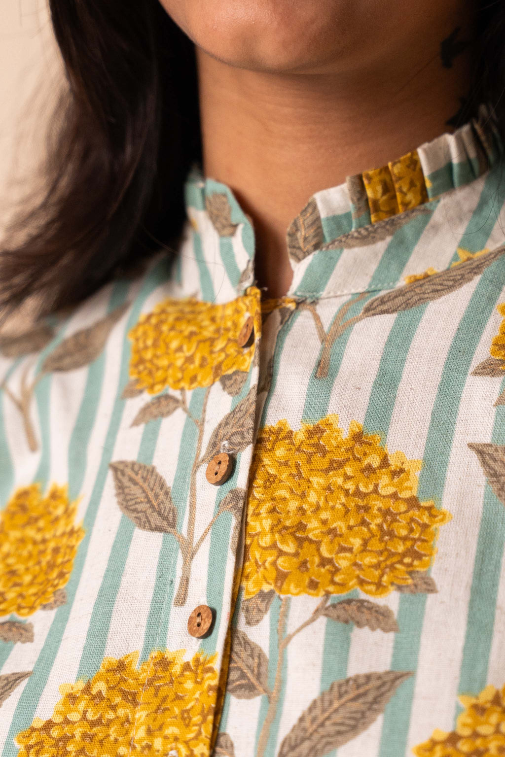 sleeve detail of Yellow Floral Striped Top in cotton with floral print, women's tunic
