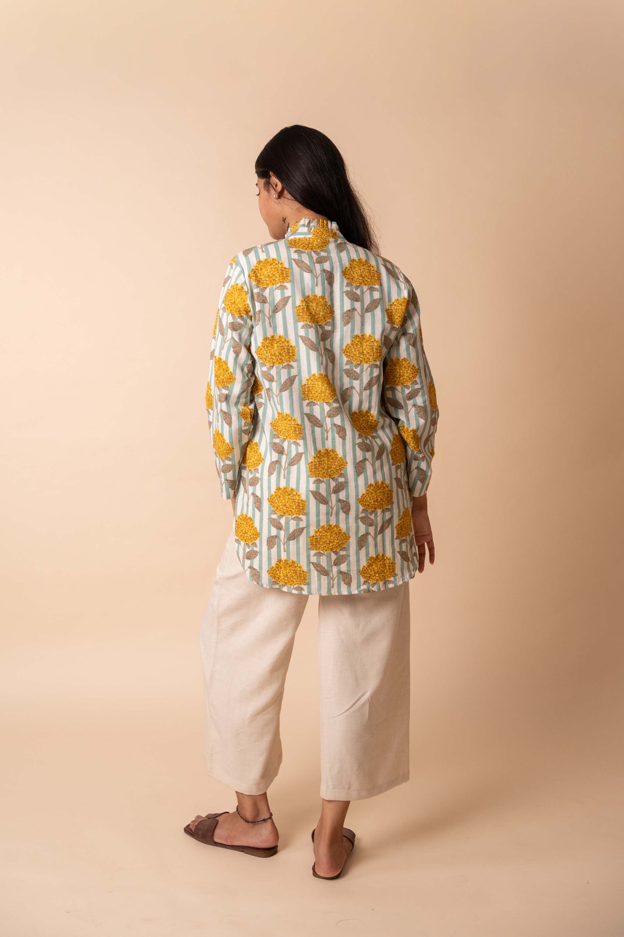 full-length view of Yellow Floral Striped Top with mandarin collar in a relaxed fit, women's tunic
