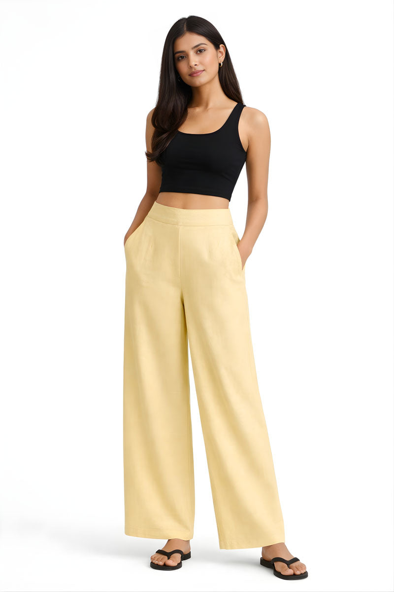 fabric detail of Beige Wide Leg Linen Pant in linen in a wide fit, women's wide-leg pants