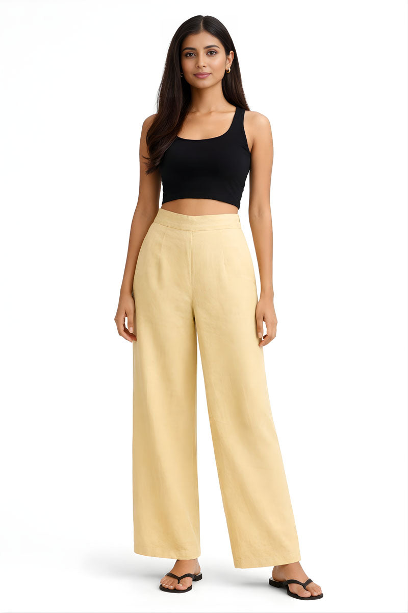 back view of Beige Wide Leg Linen Pant featuring patch pockets for office and workwear, women's wide-leg pants