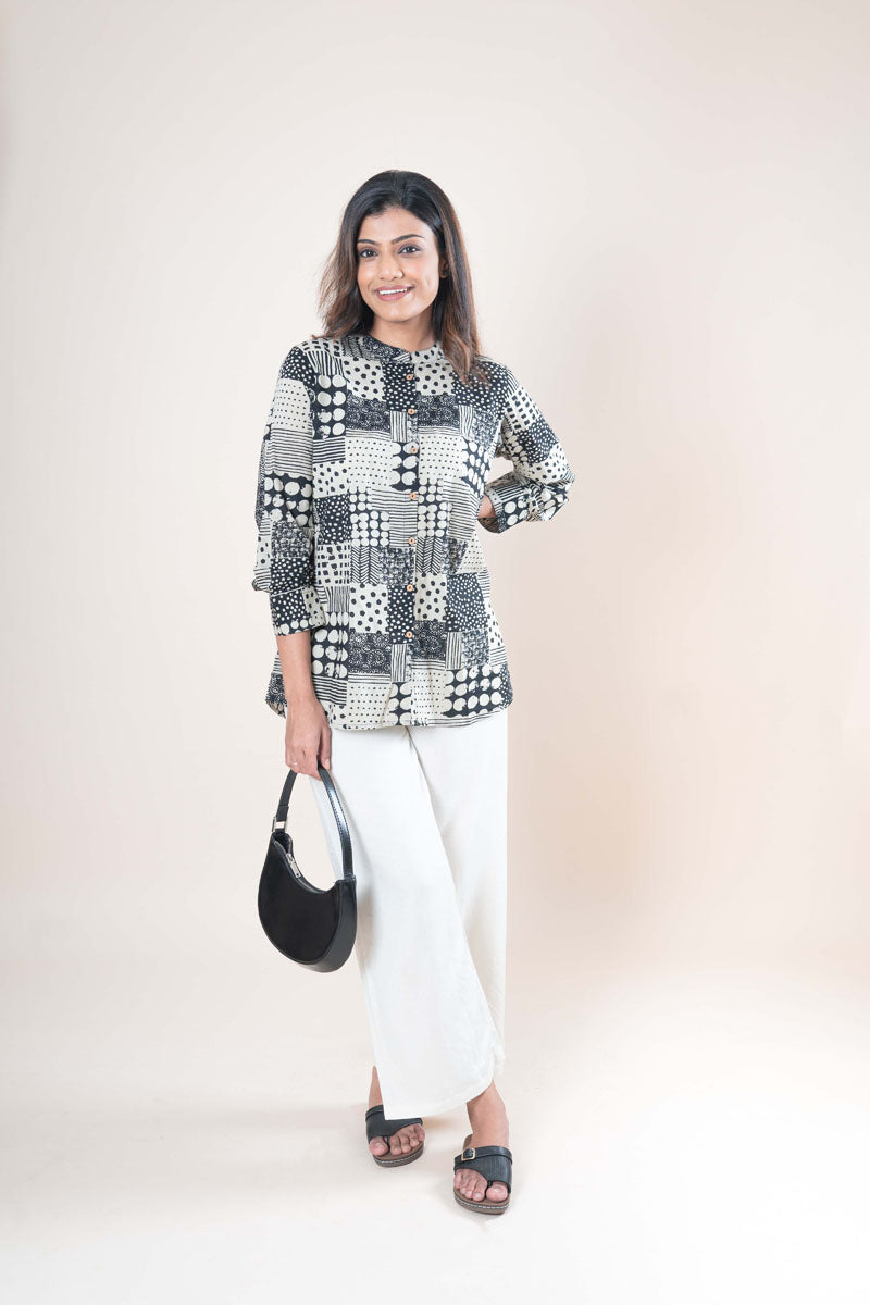 Black & Ivory Chinese Collar Shirt