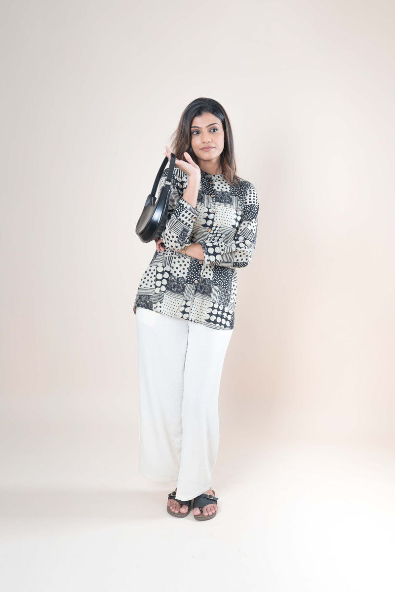 Black & Ivory Chinese Collar Shirt