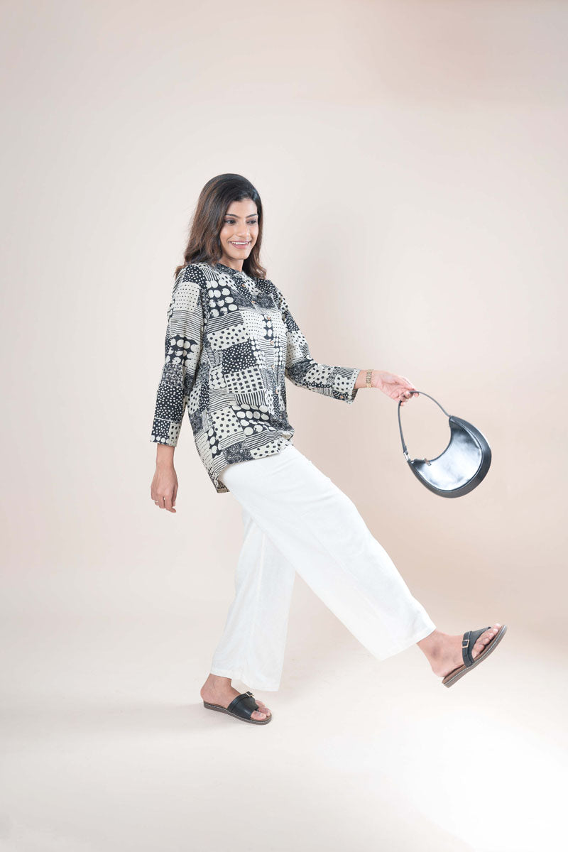 Black & Ivory Chinese Collar Shirt