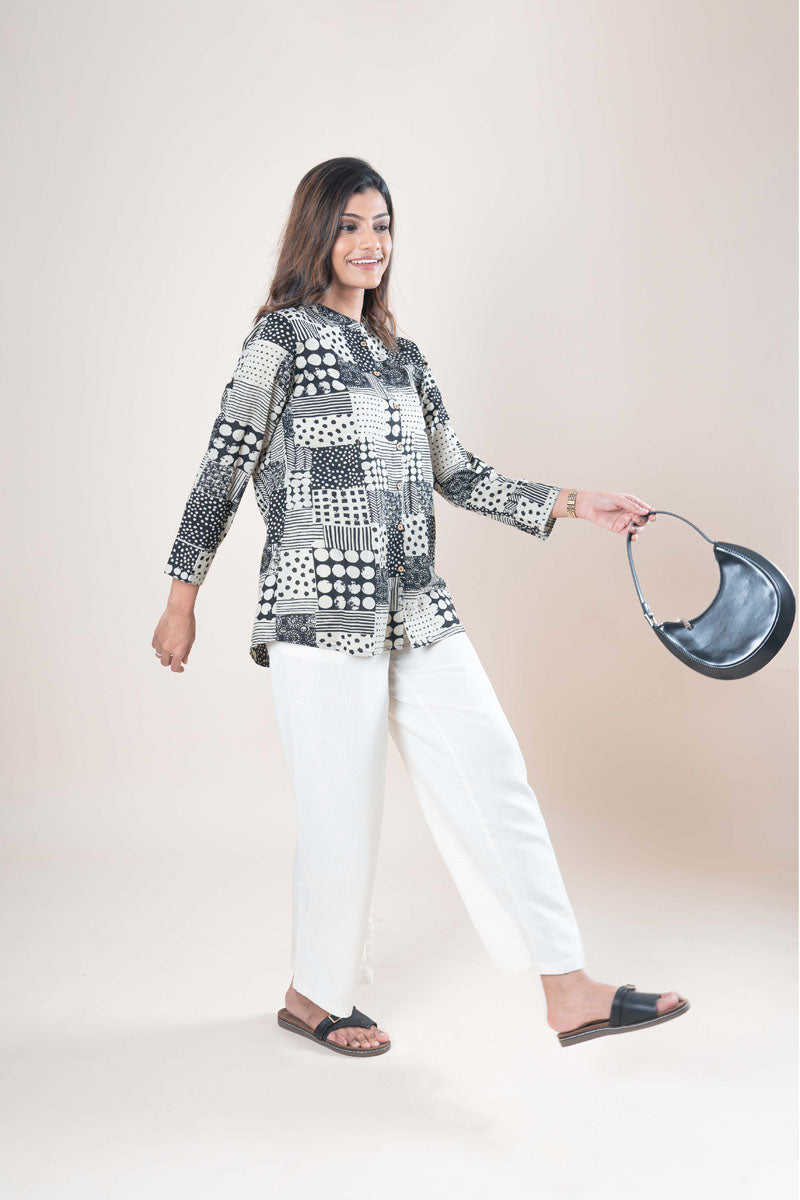 Black & Ivory Chinese Collar Shirt