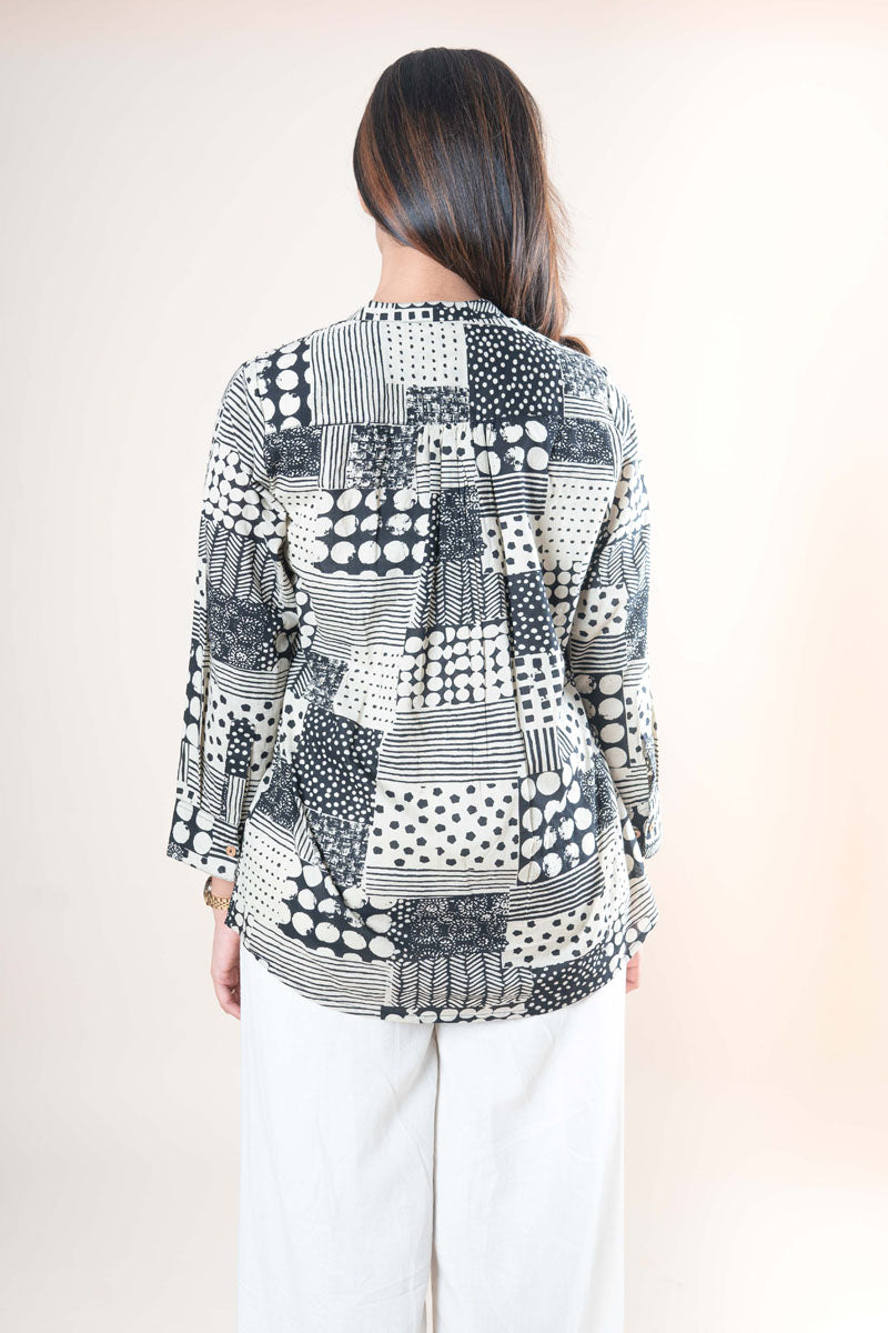 neckline detail of Black & Ivory Chinese Collar Shirt with mandarin collar with full sleeve, women's tunic