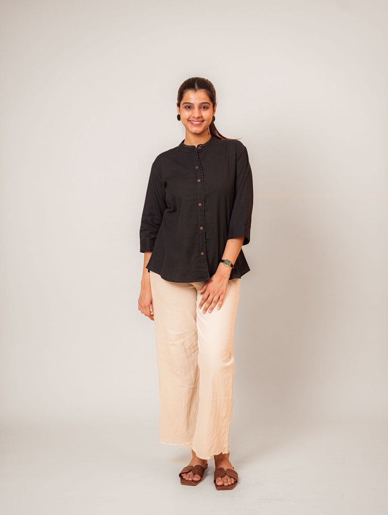Black Lace Trim Mandarin Top