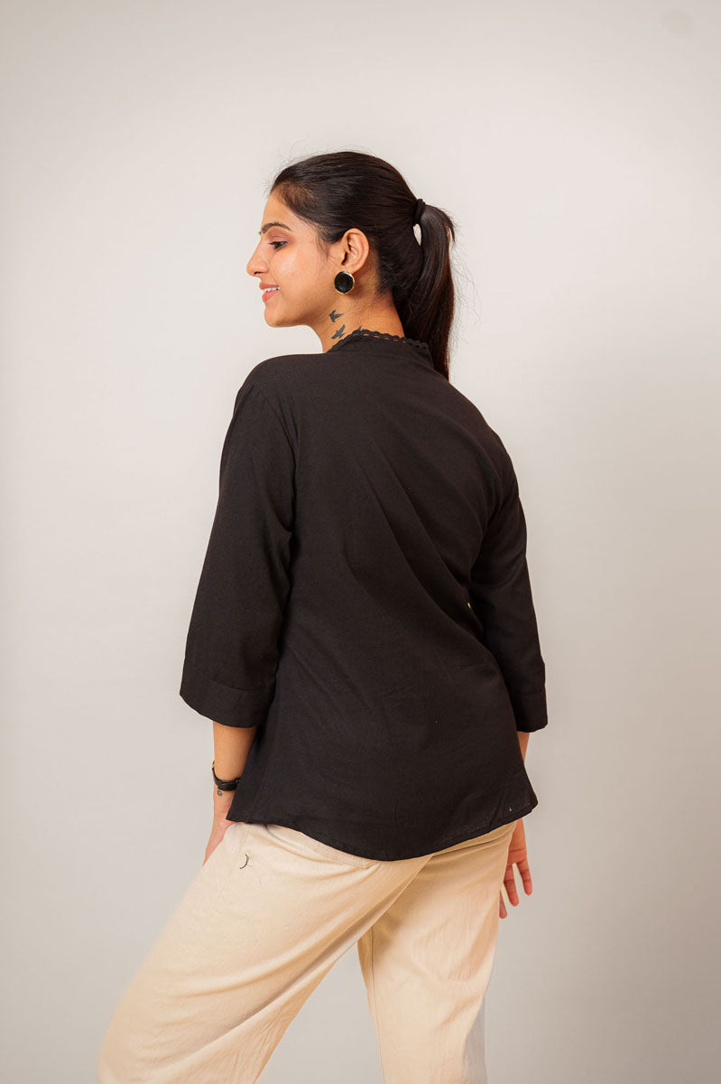 Black Lace Trim Mandarin Top