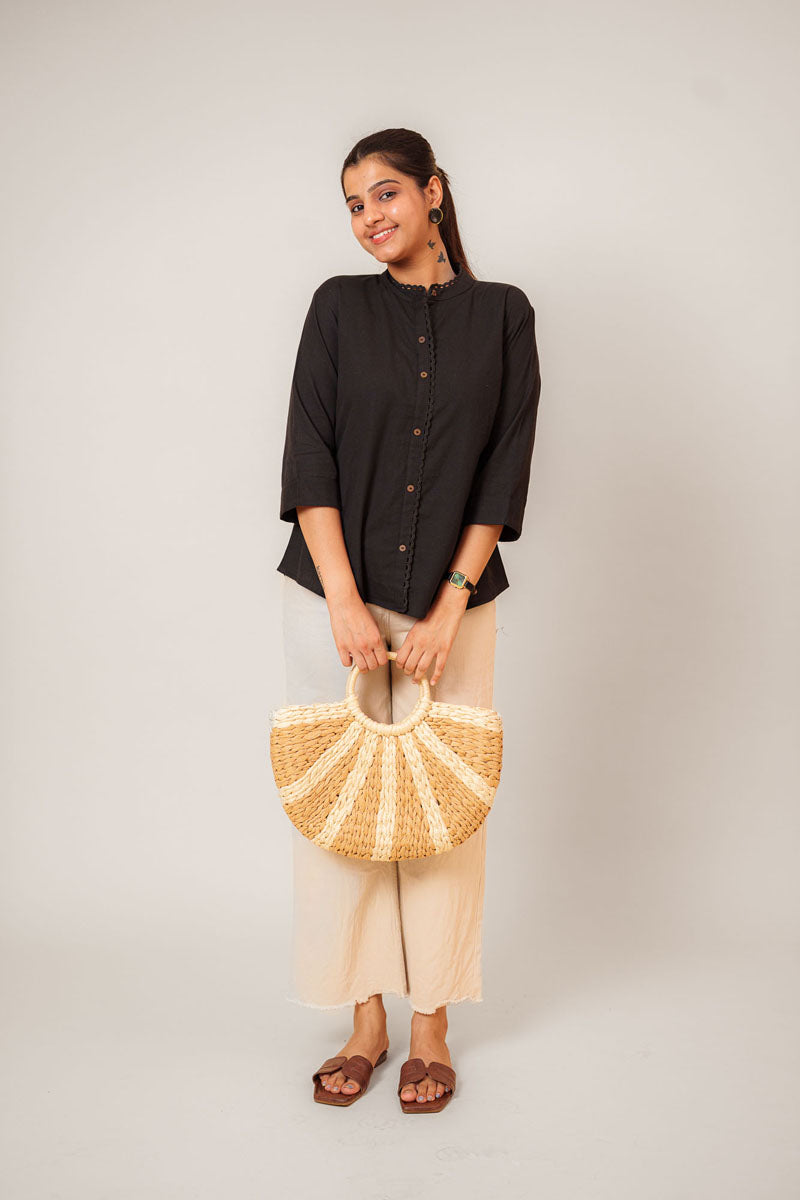 Black Lace Trim Mandarin Top