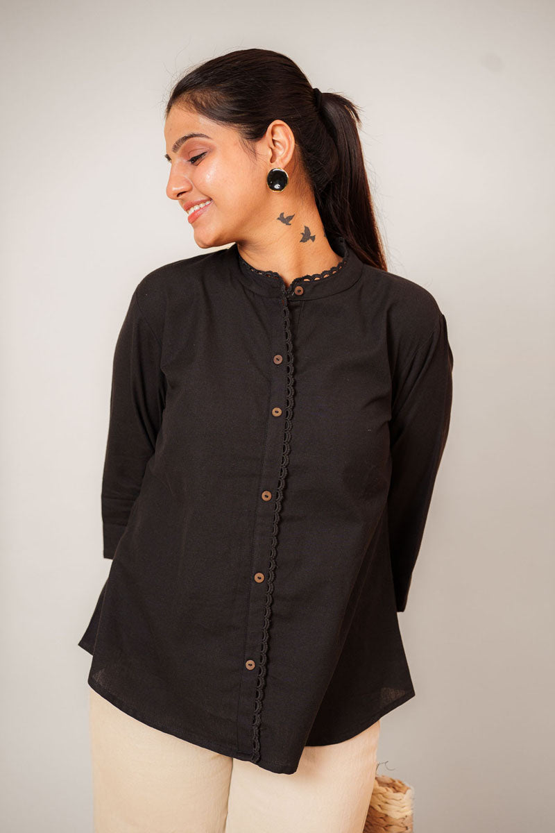 Black Lace Trim Mandarin Top