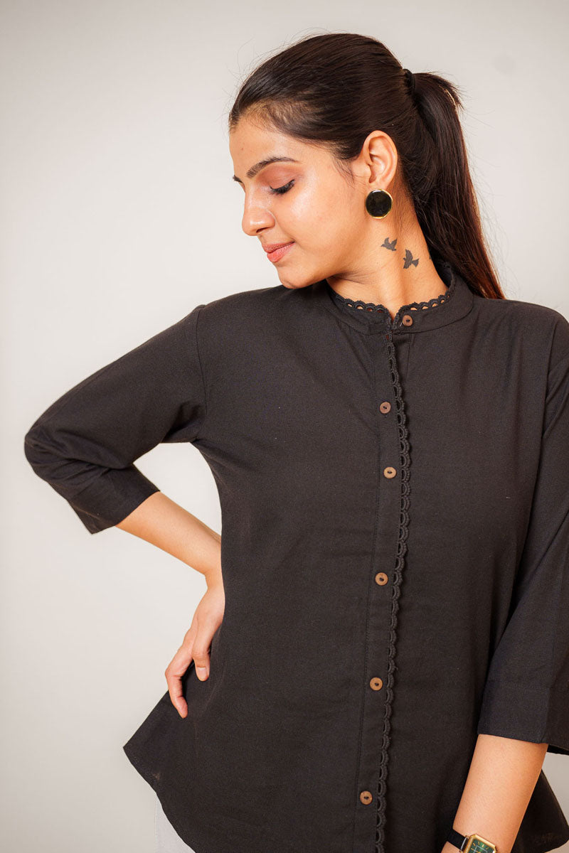 Black Lace Trim Mandarin Top