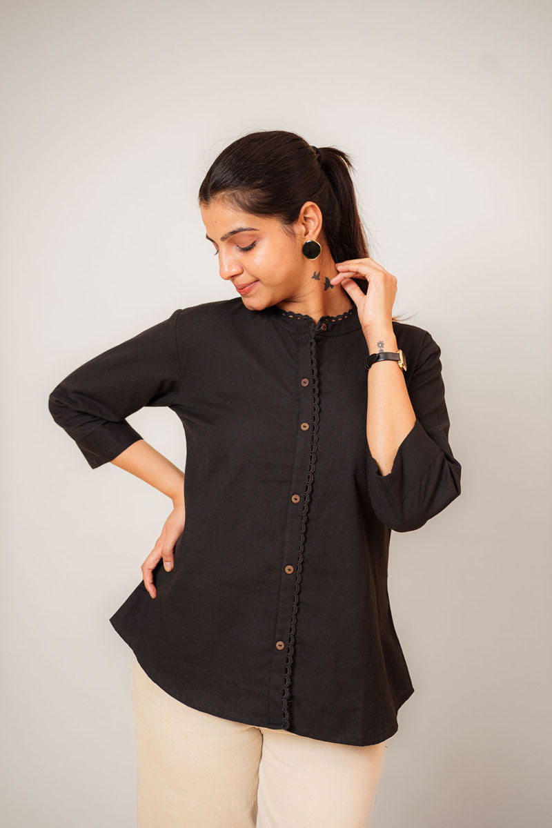 Black Lace Trim Mandarin Top