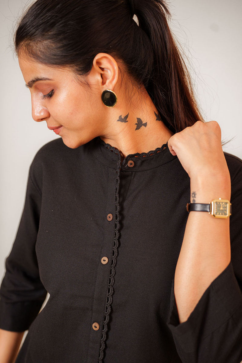 Black Lace Trim Mandarin Top