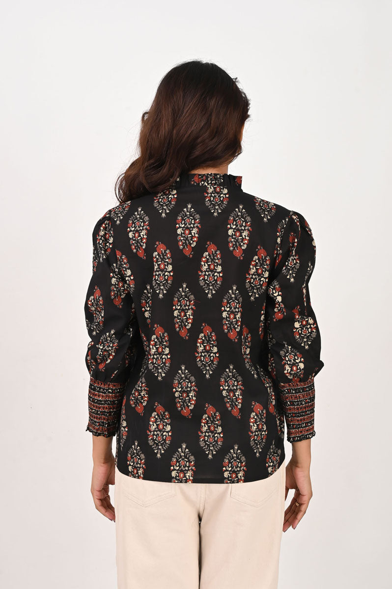 side profile of Black Printed Shirt for office and workwear available in sizes XS to 6XL, women's tunic