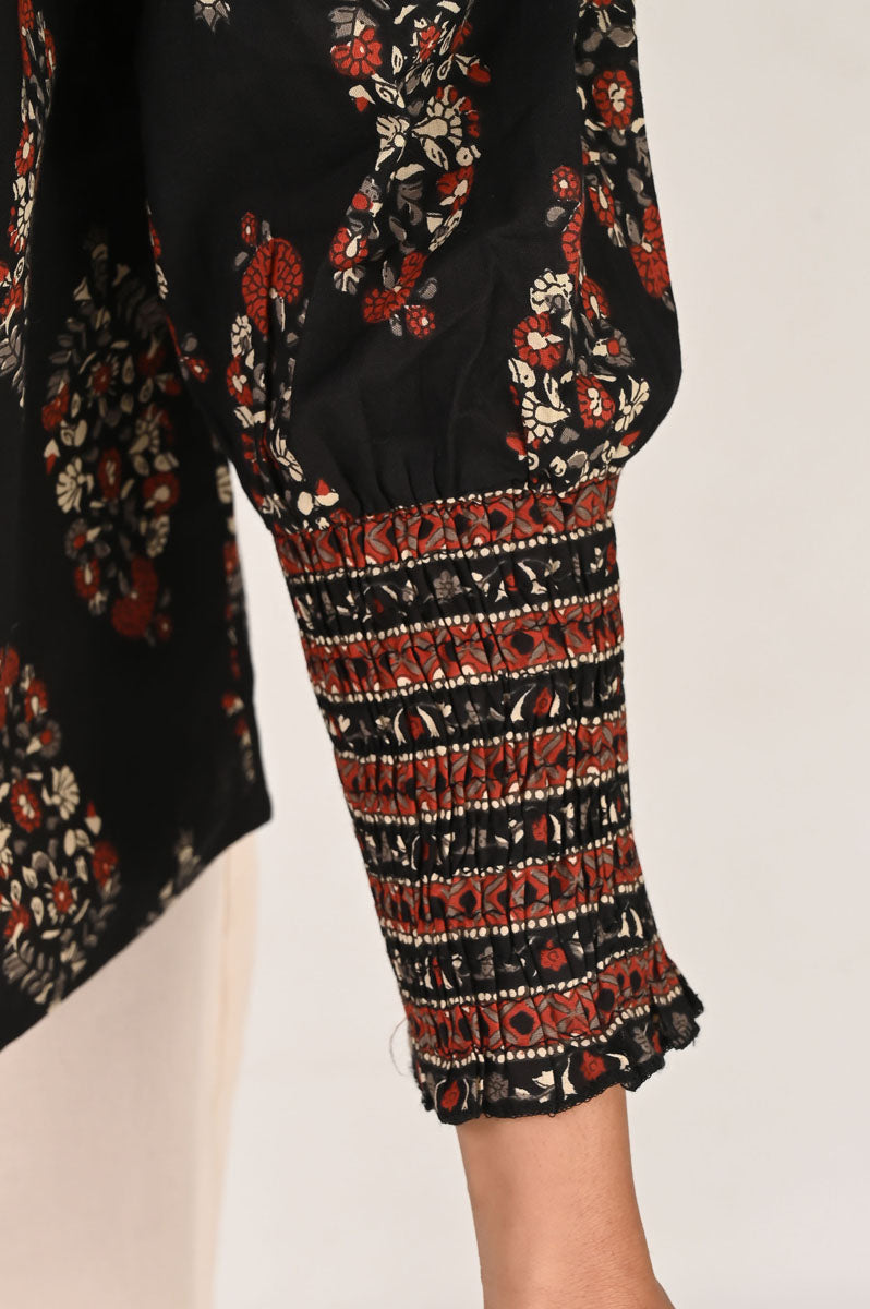 back view of Black Printed Shirt in cotton with floral print, women's tunic
