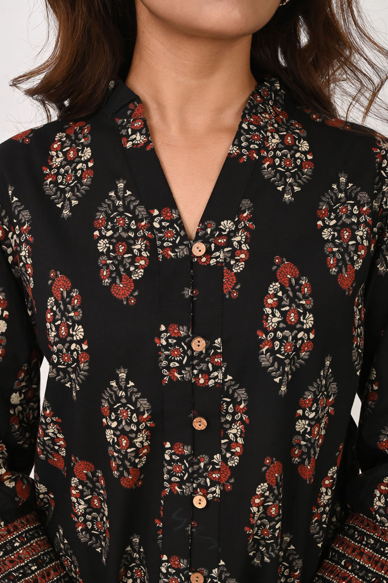 fabric detail of Black Printed Shirt with V-neck featuring button-up front, women's tunic