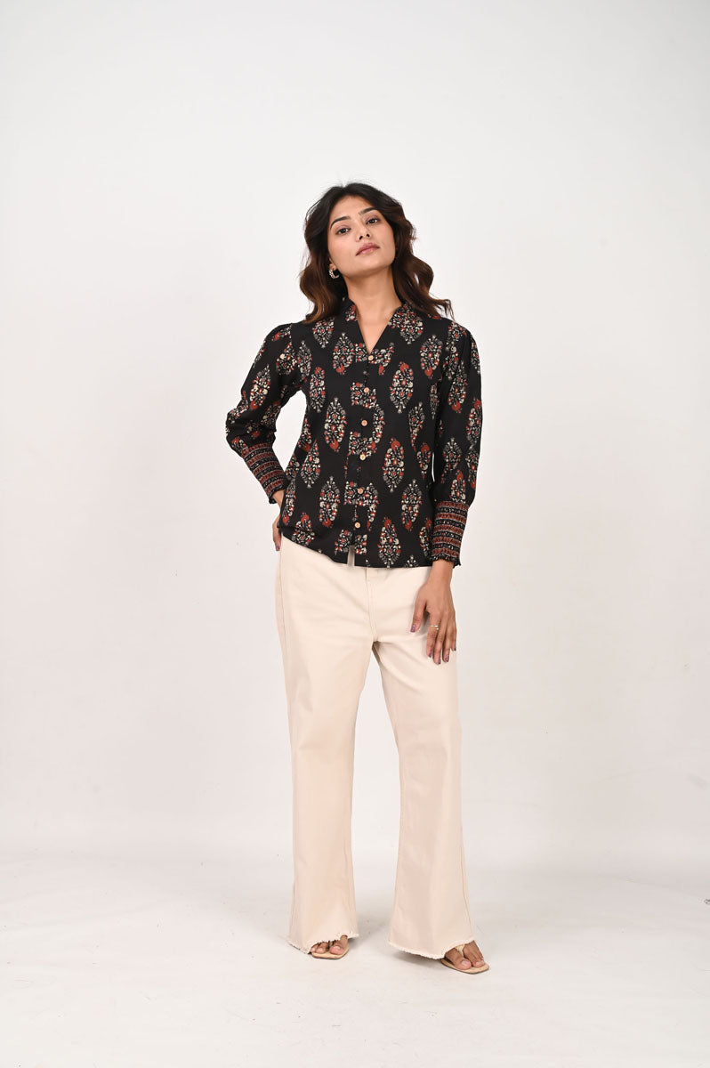 Black Printed Shirt women's tunic in cotton with floral print