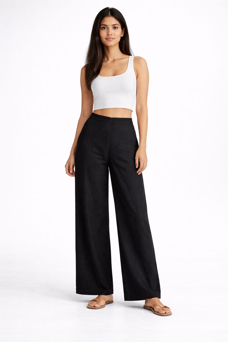 fabric detail of Black Wide Leg Linen Pant in linen in a wide fit, women's wide-leg pants