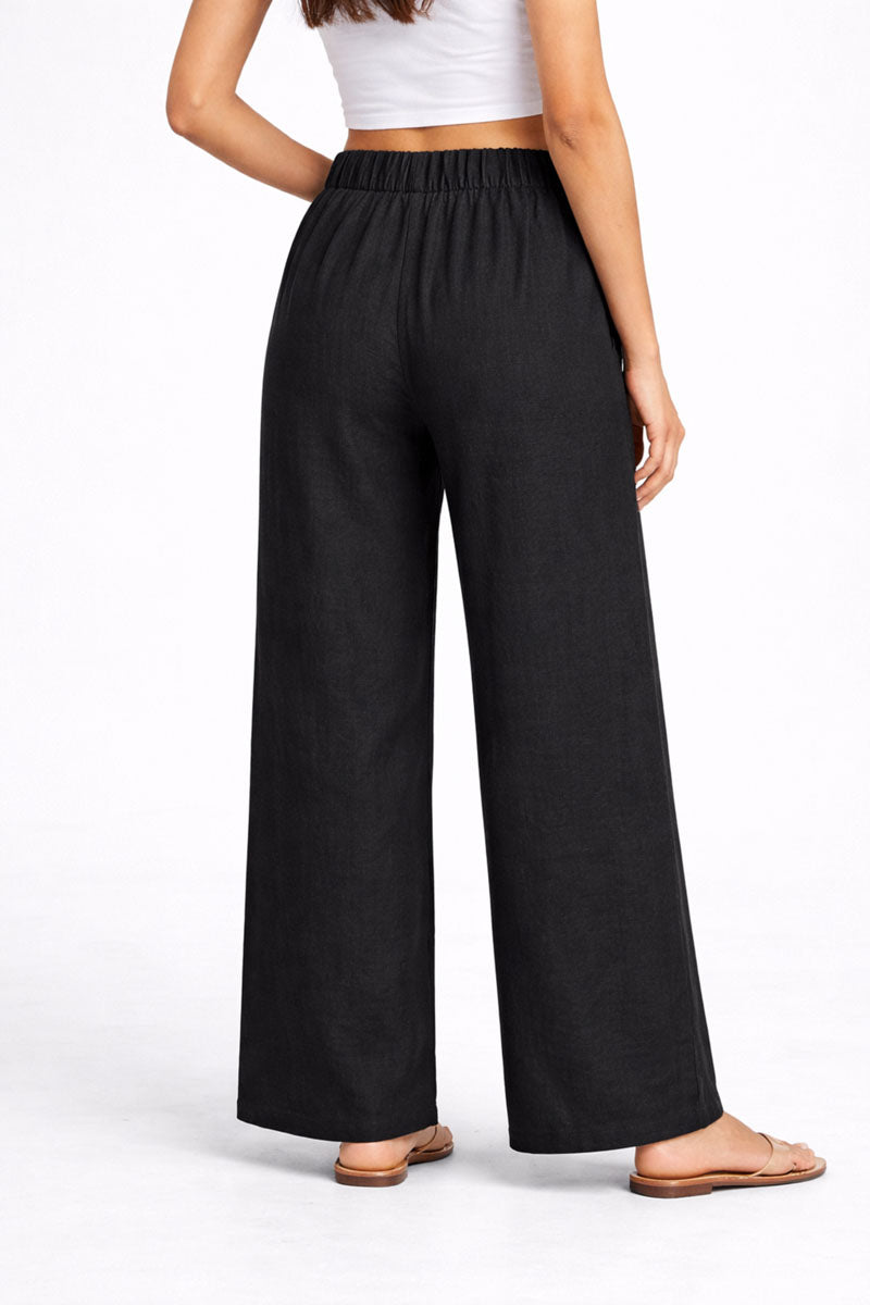 back view of Black Wide Leg Linen Pant featuring patch pockets for office and workwear, women's wide-leg pants