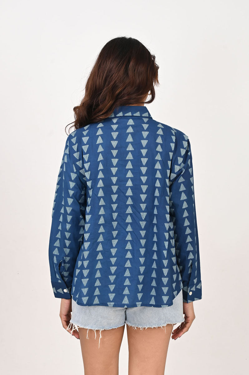 Blue Geometric Pleated Shirt