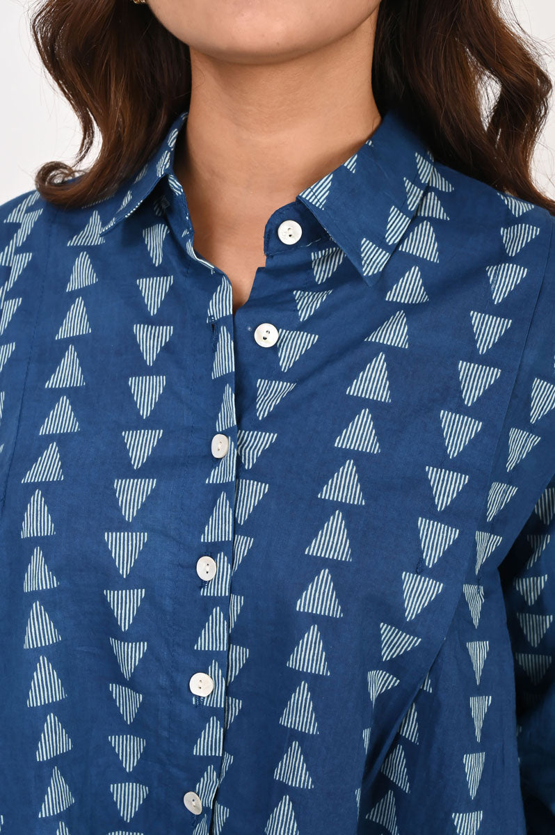 Blue Geometric Pleated Shirt