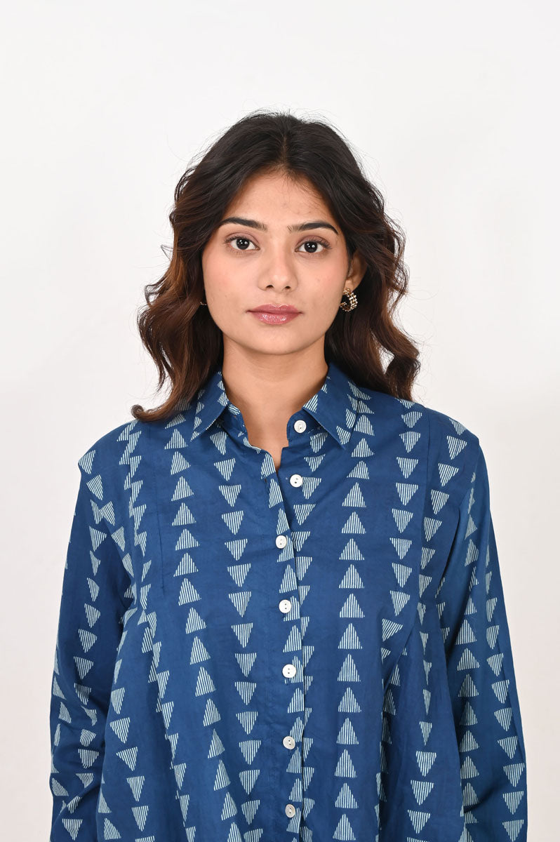 Blue Geometric Pleated Shirt